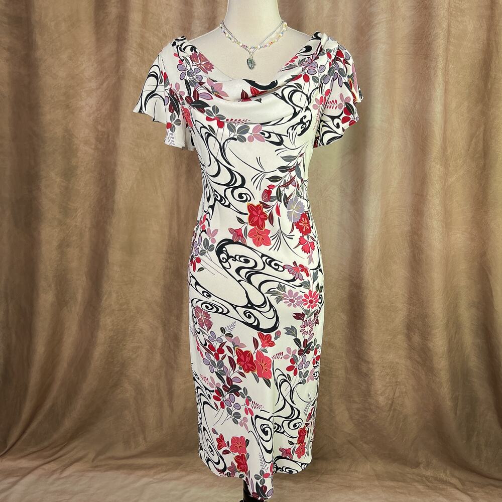 Vintage Floral Dress 90s Cowl Neck Sheath Midi Short Sleeve Whimsigoth Indie Y2K
